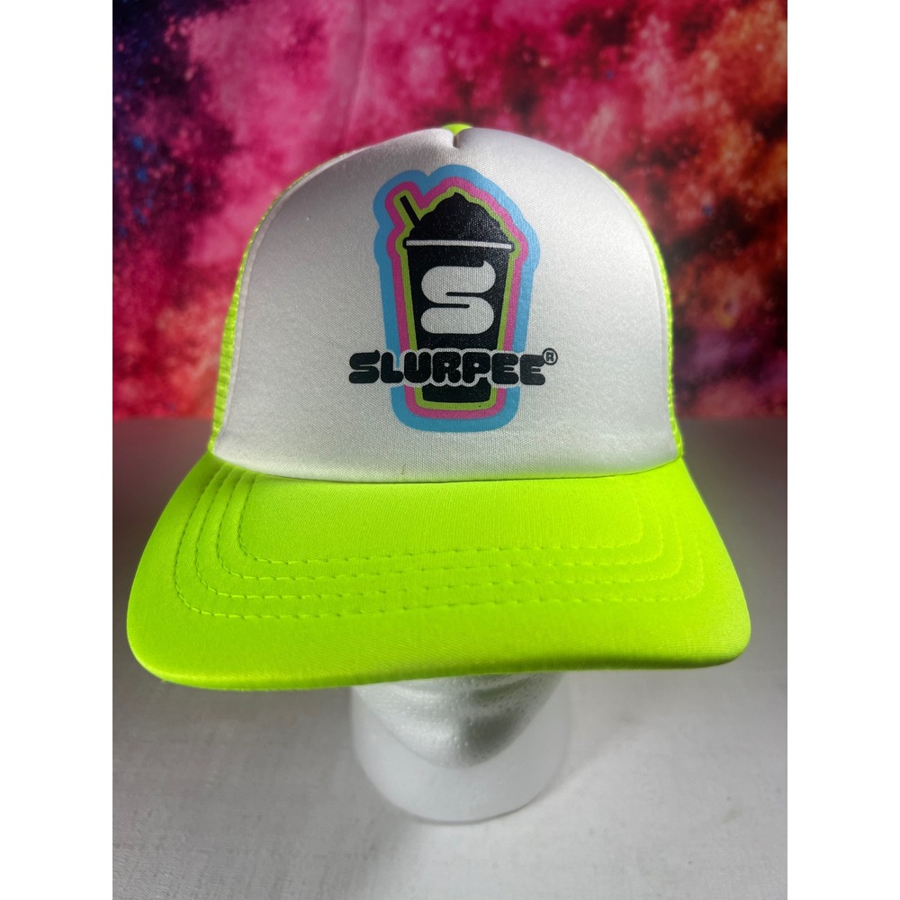 Slurpee 7-Eleven Trucker Hat Neon Lime Green White Mesh Snapback Cap New